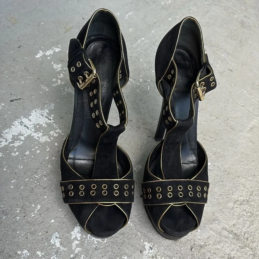 Fendi T strap suede platforms with gold grommets